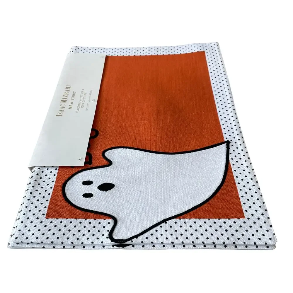 ISAAC MIZRAHI Halloween Ghost Placemats 13x19 Cotton White Orange Set of 4 New